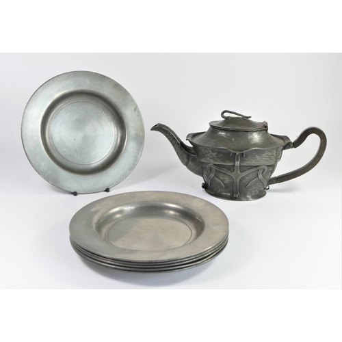 189 - An Arts and Crafts EPBM tea pot, with applied sinuous decoration, 28cm, together with six pewter pla... 