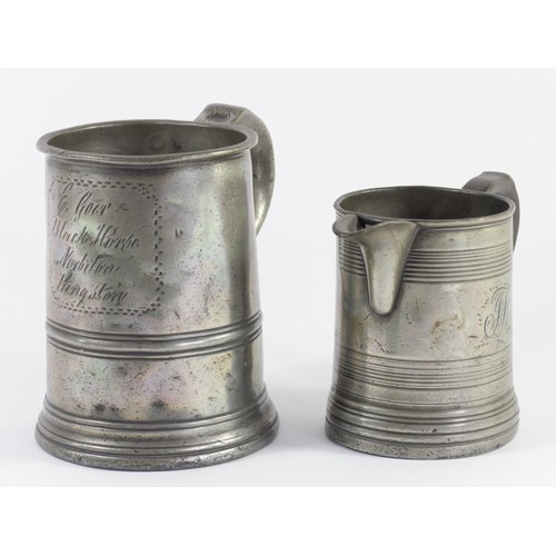 193 - A Victorian pewter quart tankard, of tapering form with waist band, engraved G. Goer, Black Horse, N... 