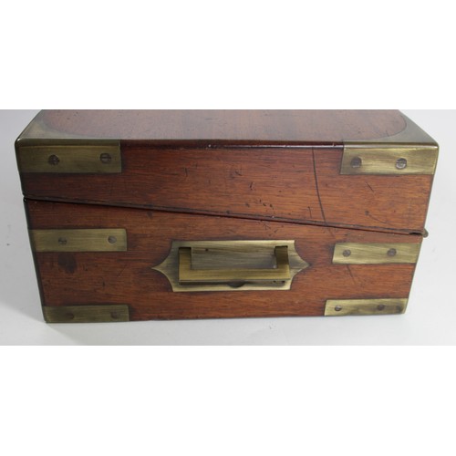 197 - A brass bound mahogany campaign writing slope, circa 1880s, having hinged lid, opening to reveal ins... 