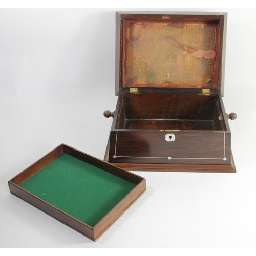 201 - A Victorian rosewood sarcophagus jewellery box, having quadrant beading, inlaid with mother of pearl... 