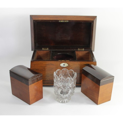 206 - A Victorian rosewood sarcophagus tea caddy, hinged lid revealing two tea compartments with hinged li... 