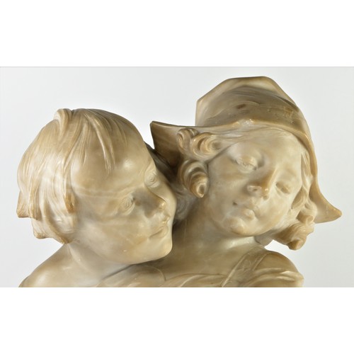 207 - A late 19th century alabaster bust of a young girl and boy, indistinctly signed, mounted on a marble... 