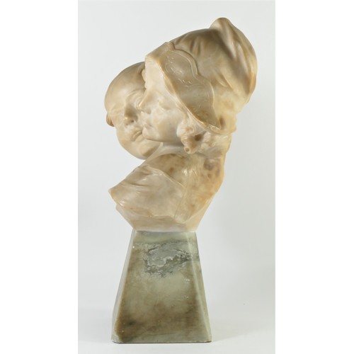 207 - A late 19th century alabaster bust of a young girl and boy, indistinctly signed, mounted on a marble... 