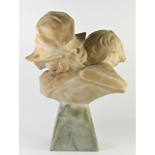 207 - A late 19th century alabaster bust of a young girl and boy, indistinctly signed, mounted on a marble... 