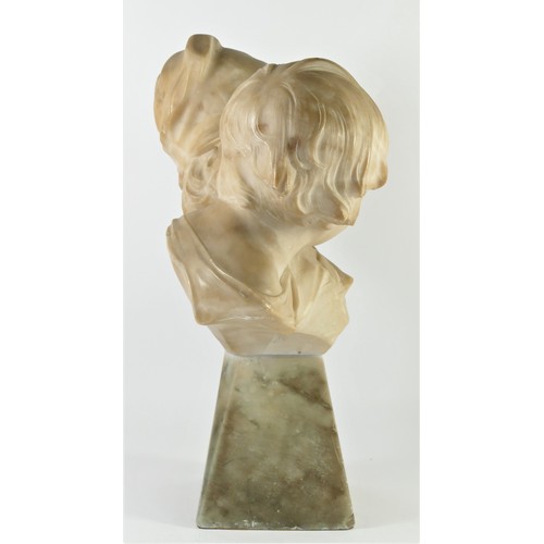 207 - A late 19th century alabaster bust of a young girl and boy, indistinctly signed, mounted on a marble... 