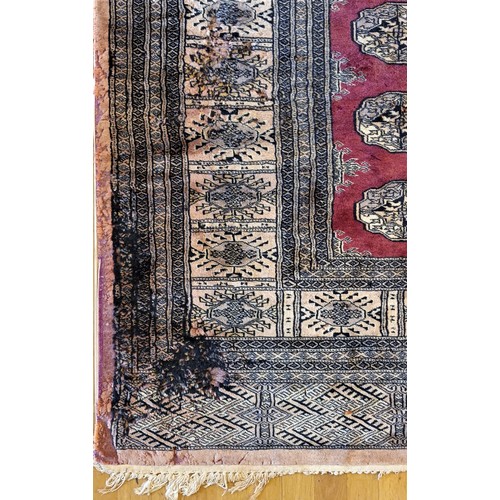 215 - A Pakistani Peshawar Bokhara carpet, with red field and multiple guls, 360 x 290cm, A/F, 1989 receip... 