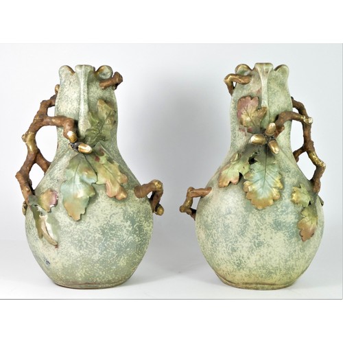 235 - Amphora, Austria, an Art Nouveau pair of naturalistic baluster vases, c.1892-1904, with applied acor... 