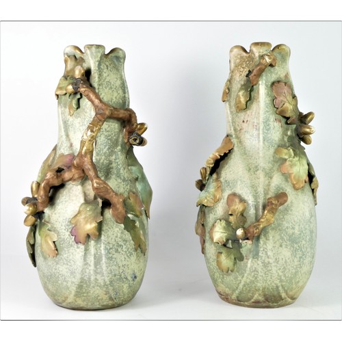 235 - Amphora, Austria, an Art Nouveau pair of naturalistic baluster vases, c.1892-1904, with applied acor... 