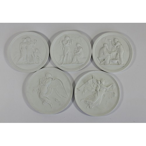 264 - Royal Copenhagen, a collection of five bisque plaques, decorated with classical scenes, 14cm x 3, 15... 