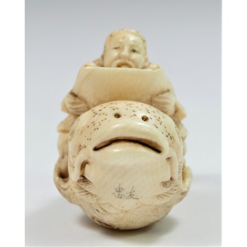 280 - A Meiji period carved ivory netsuke of a wise man riding a fish, signed, 5.5cm