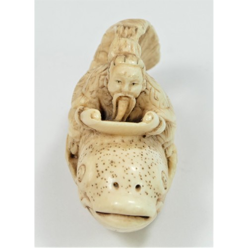 280 - A Meiji period carved ivory netsuke of a wise man riding a fish, signed, 5.5cm