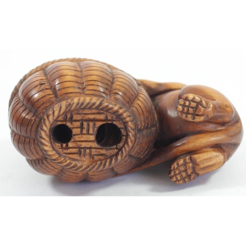 286 - A Japanese wood netsuke of two mice on a mushroom, signed, 4cm and four other wooden netsuke of mice... 