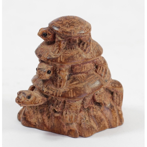 288 - A Japanese wood netsuke of three frogs in a bucket, signed, 5.5cm, three other wooden netsuke of fro... 