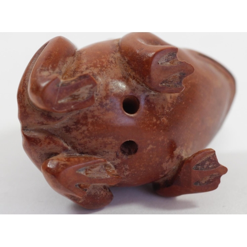 288 - A Japanese wood netsuke of three frogs in a bucket, signed, 5.5cm, three other wooden netsuke of fro... 