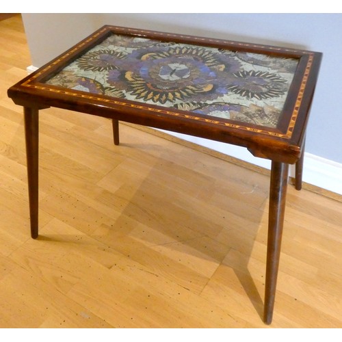 223 - A Brazilian hardwood and marquetry side table, inset with a butterfly wing panel, 70 x 50 x 52cm