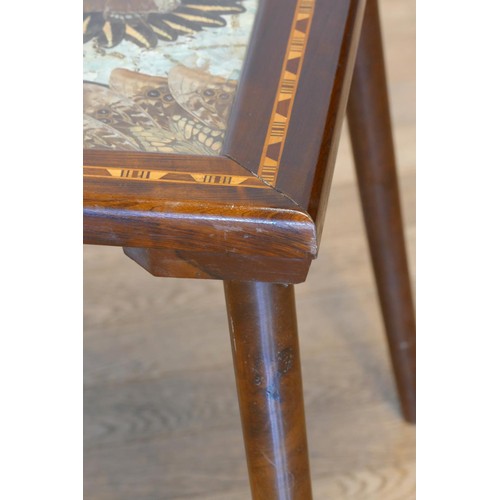 223 - A Brazilian hardwood and marquetry side table, inset with a butterfly wing panel, 70 x 50 x 52cm