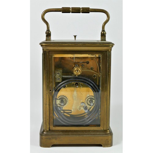 310 - Richard & Cie, Paris, a French brass cased repeating and striking carriage clock, the enamel dial wi... 