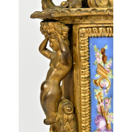 314 - A late 19th century French gilt metal and porcelain panel mantle clock, retailed by Manoah Rhodes, B... 