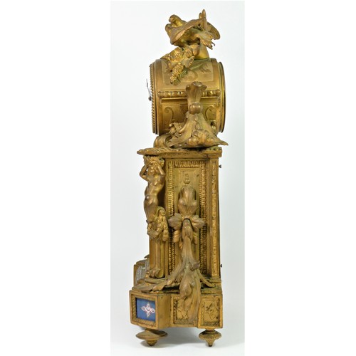 314 - A late 19th century French gilt metal and porcelain panel mantle clock, retailed by Manoah Rhodes, B... 