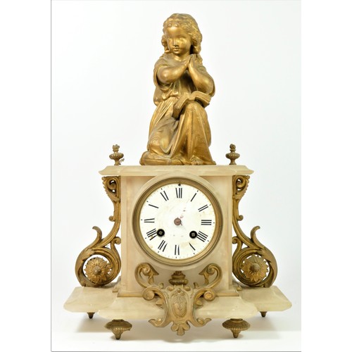 315 - A 19th century French gilt metal and white onyx mantle clock, the white enamel dial with Roman numer... 