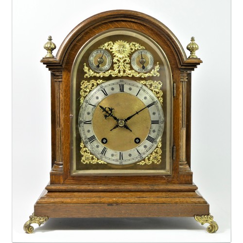 316 - Winterhalder & Hofmeier, an Edwardian oak mantle clock, the gilt arched dial with silvered chapter r... 