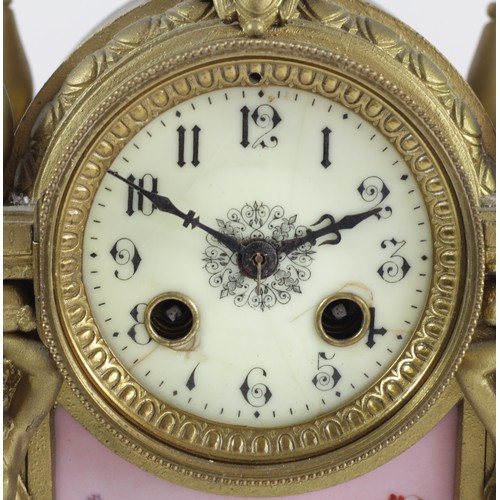 318 - A 19th century French gilt metal and porcelain mantle clock, the dial with Arabic numerals, the case... 