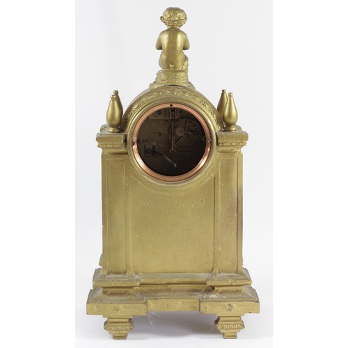 318 - A 19th century French gilt metal and porcelain mantle clock, the dial with Arabic numerals, the case... 