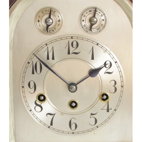 323 - An Edwardian mahogany chiming and striking mantle clock, the silvered dial with subsidiary chime/sil... 