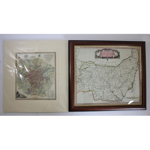 338 - Robert Morden, Suffolk, c. 1695, hand coloured map, framed, 37 x 42cm together with a plan of Sheffi... 