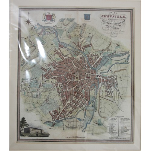 338 - Robert Morden, Suffolk, c. 1695, hand coloured map, framed, 37 x 42cm together with a plan of Sheffi... 