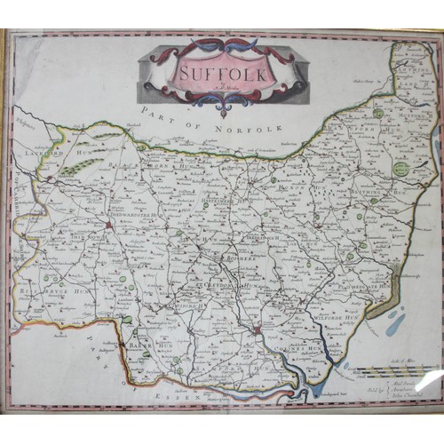 338 - Robert Morden, Suffolk, c. 1695, hand coloured map, framed, 37 x 42cm together with a plan of Sheffi... 