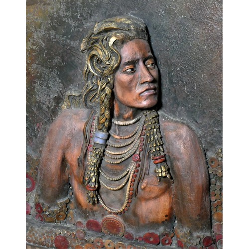 340 - Brian Tozer (b.1944). Curley, Crow Scout, stoneware clay ceramic tile adhesive, painted wood frame, ... 