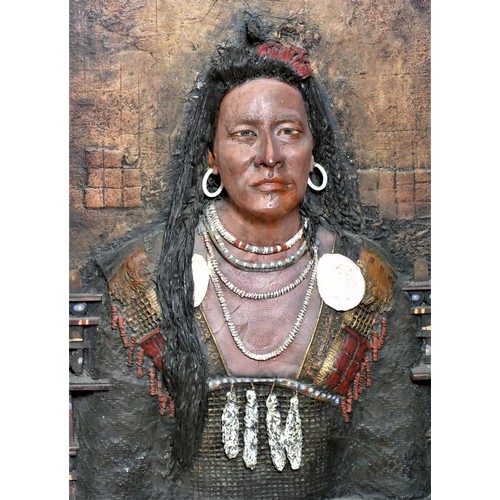 341 - Brian Tozer (b.1944). Crow Chief, Plenty Coups, stoneware clay ceramic tile adhesive, painted wood f... 