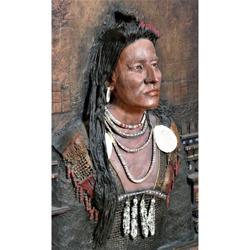 341 - Brian Tozer (b.1944). Crow Chief, Plenty Coups, stoneware clay ceramic tile adhesive, painted wood f... 