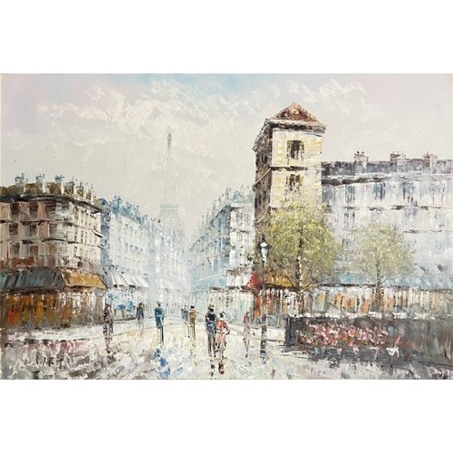 343 - Caroline C. Burnett, (1877-1950), Parisian street scene with the Eiffel tower, palette knife on canv... 