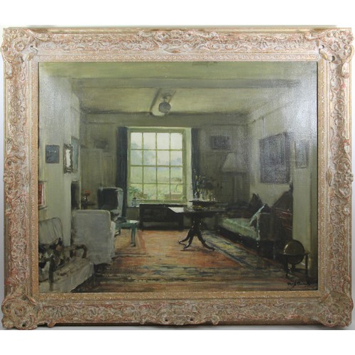 344 - Fred Elwell, R.A. (1870-1958), Drawing Room, Masham (or The Green Room), oil on canvas, signed lower... 
