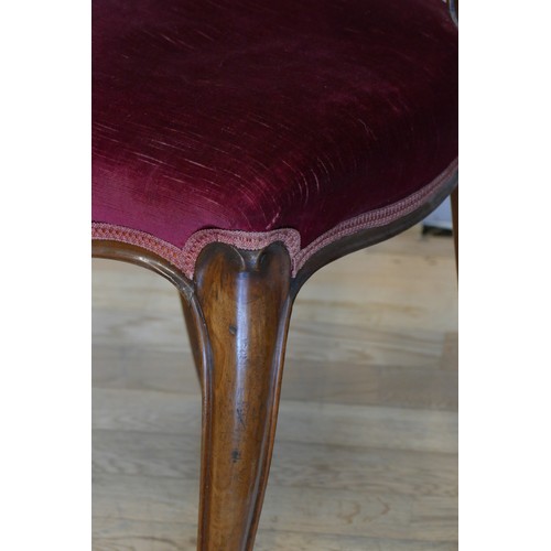 363 - A Victorian set of four mahogany parlor chairs, carved scroll backs, upholstered seats and cabriole ... 