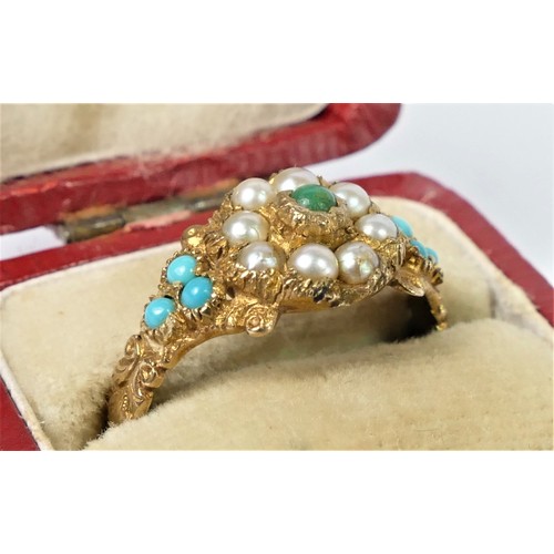 153 - A Victorian style 9ct gold turquoise and half pearl cluster ring, London 1960, with chased scroll sh... 