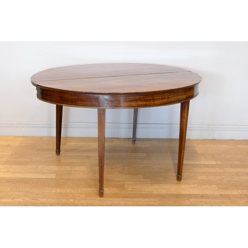 350 - A Georgian mahogany fold over demi lune side table, with two adjustable tapering legs, 127 x 110 x 7... 