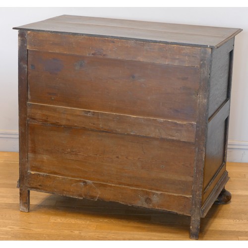 356 - A late 17th century oak chest of three long drawers, two plank top over geometric moulded drawer fro... 