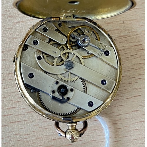 84 - An 18k gold open face keywind pocket watch, spares or repair 35mm.
