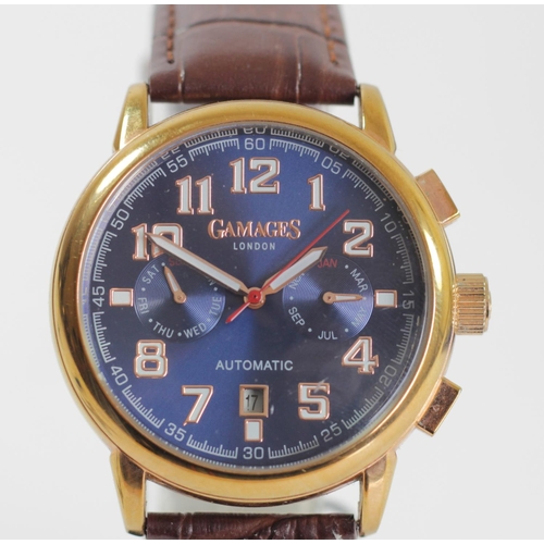 Gamages of London a rose gold plated automatic calendar blue dial