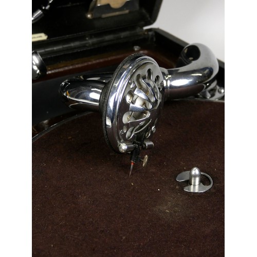 119 - A His Master Voice portable gramophone, black, with replacement needles