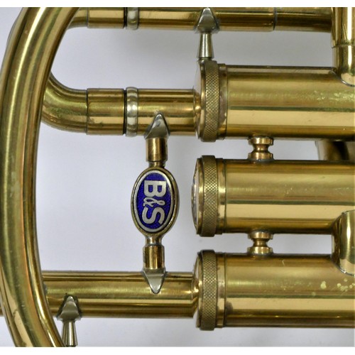 134 - A B&S Flugelhorn, stamped with 52202 and makers mark on the horn, together with two mouth pieces, sh... 