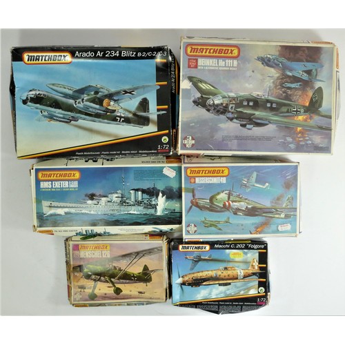 235 - A collection of six Matchbox model kits, to include a Heinkel He 111 H, 1:72 scale, an Arado Ar 234 ... 