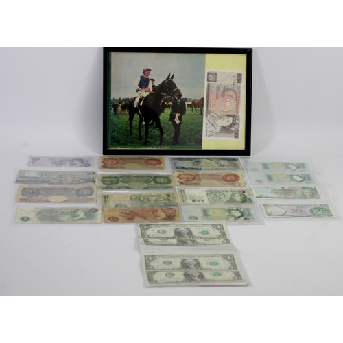 265 - A £10 note signed by Lester Piggott, a blue Peppiatt £1 note, a green Beale £1 note, a Beale 10 shil... 