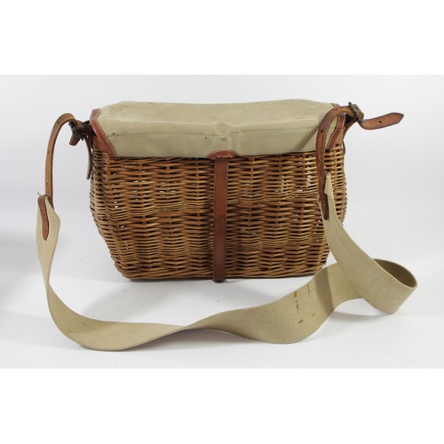 270 - A vintage wicker and canvas creel, 35 x 27 x 23cm