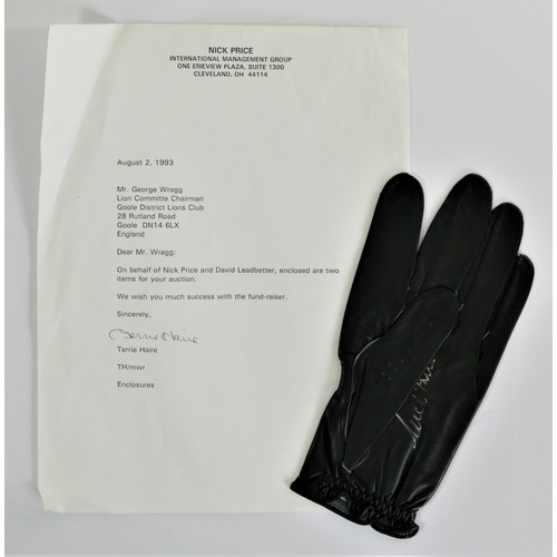 283 - A signed golf glove, Nick Price, donated to a charity auction held in Goole by the Lion Committee, w... 