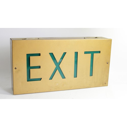 344 - An Exit sign, gold powder coated metal case with glazed lettering and base, 48cm x 24cm x 10cm