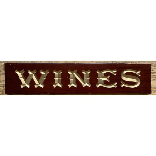 346 - Three mahogany grocer's shop signs, hand carved, gilt decoration, to include Wine, 92cm x 20cm x 2cm... 